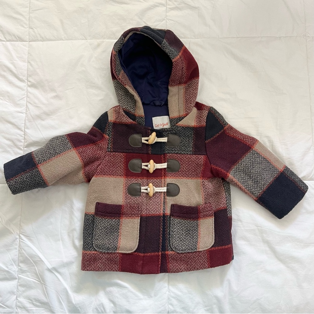 Cat & Jack Wool Plaid Burgundy & Navy Unisex Boys Girls Coat Jacket 12 month old